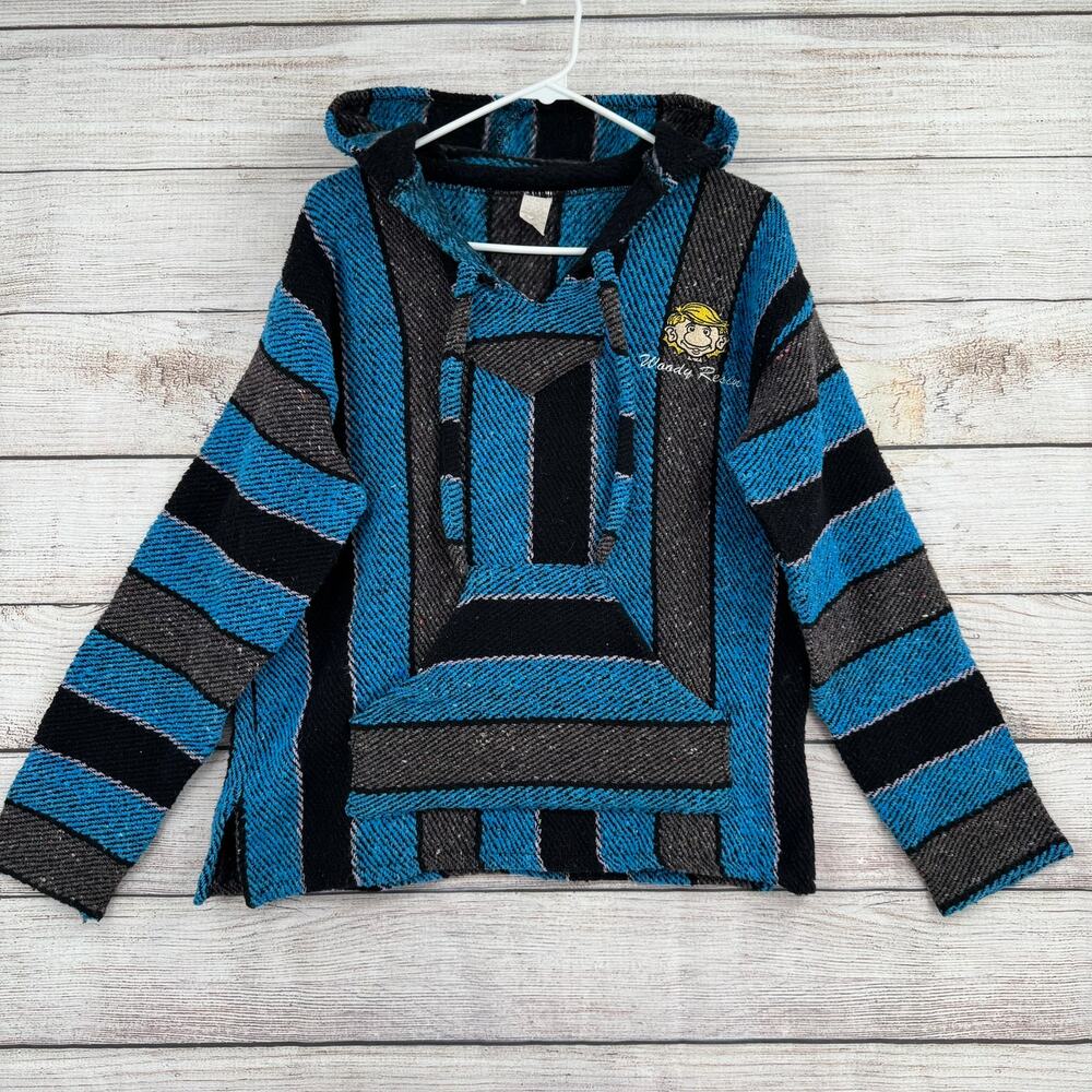 Vintage Woody‎ Resin Striped Poncho Hoodie Mens Large Blue Black Surf Beach